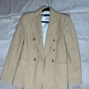 Zara Tan Double-Breasted Beige Blazer